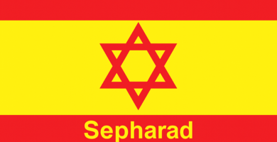 Bandera de Sefarad con la Estrella de David en rojo y fondo amarillo con franjas rojas