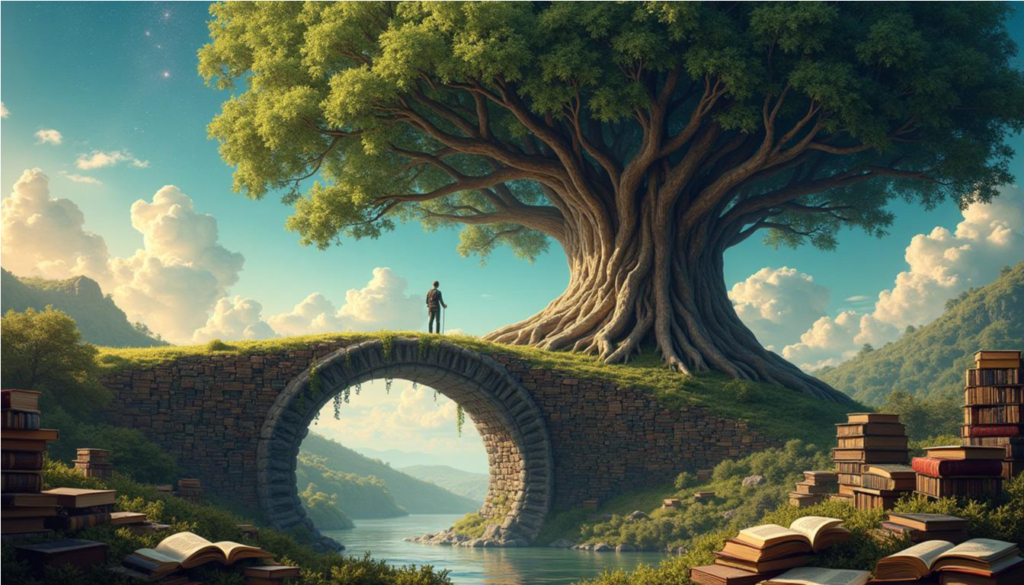 Ilustración de un árbol inmenso con raíces profundas y ramas entrelazadas con páginas de libros antiguos.