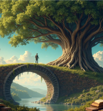 Ilustración de un árbol inmenso con raíces profundas y ramas entrelazadas con páginas de libros antiguos.