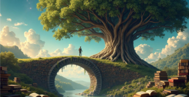 Ilustración de un árbol inmenso con raíces profundas y ramas entrelazadas con páginas de libros antiguos.