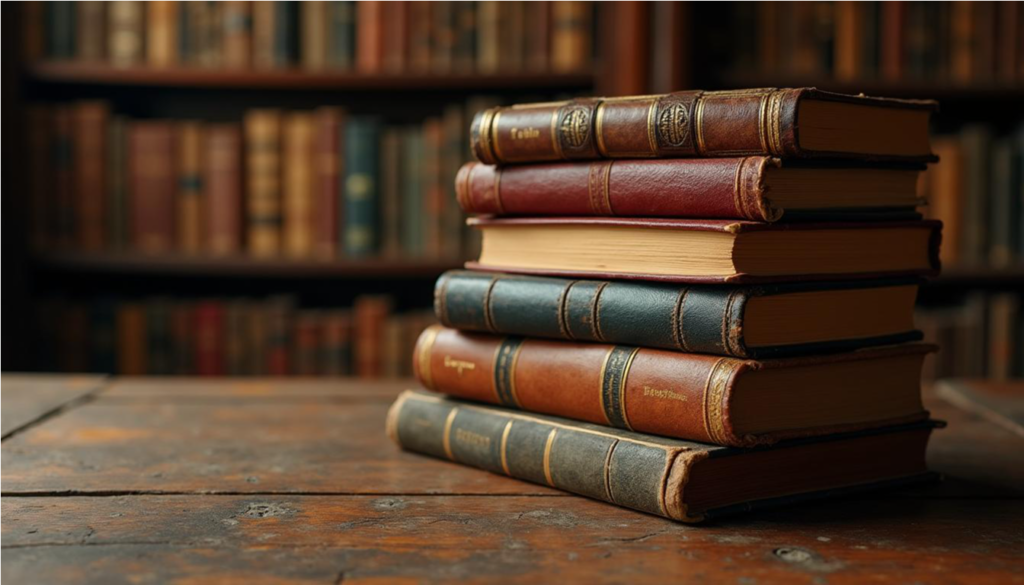 Pila de libros encuadernados que representan las mejores obras literarias de la historia.