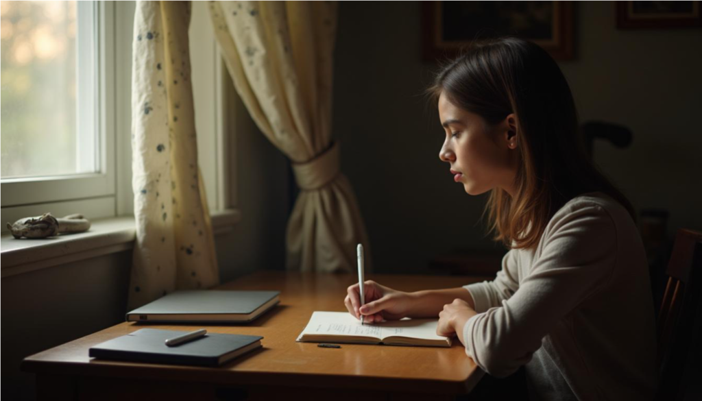 Persona escribiendo a mano en un diario personal iluminado por luz natural.