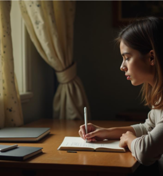 Persona escribiendo a mano en un diario personal iluminado por luz natural.