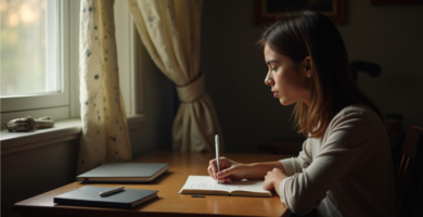 Persona escribiendo a mano en un diario personal iluminado por luz natural.