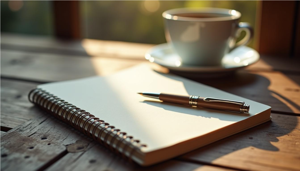Libreta de notas abierta junto a una taza de café, representando el proceso de la escritura creativa.