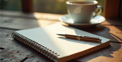 Libreta de notas abierta junto a una taza de café, representando el proceso de la escritura creativa.