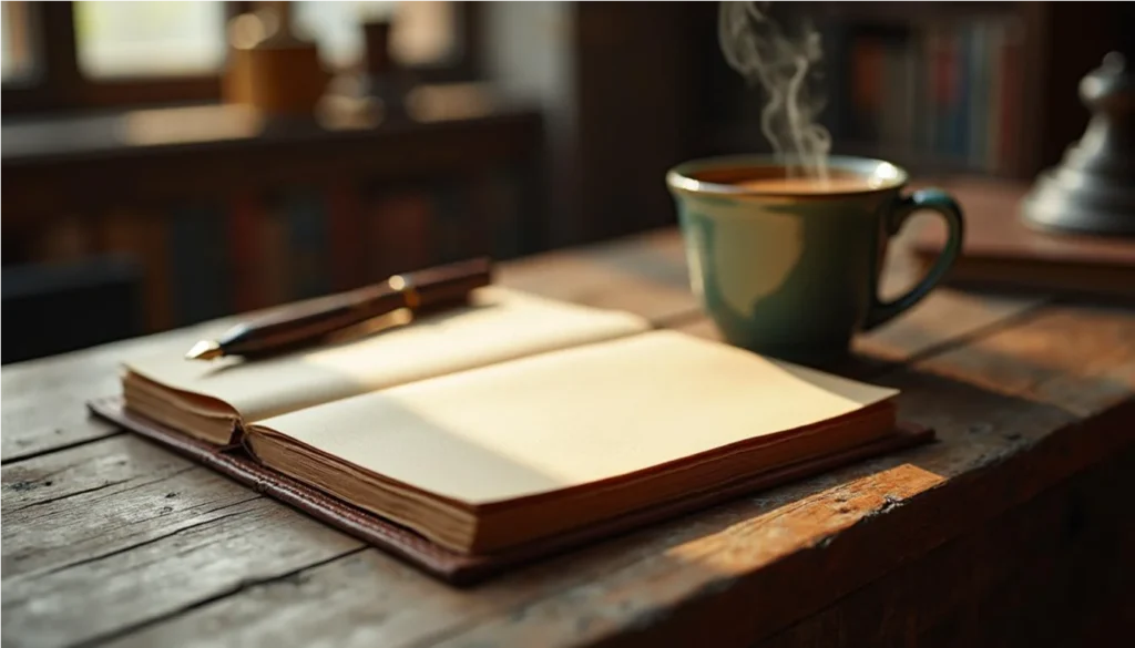 Libreta de notas abierta junto a una taza de café, representando el proceso de la escritura creativa.