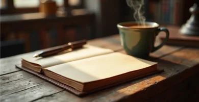 Libreta de notas abierta junto a una taza de café, representando el proceso de la escritura creativa.