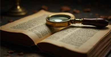 Lupa sobre un libro clásico abierto simbolizando el análisis y la interpretación literaria.
