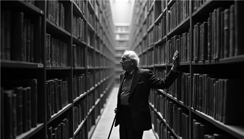 Retrato del escritor argentino Jorge Luis Borges rodeado de libros.
