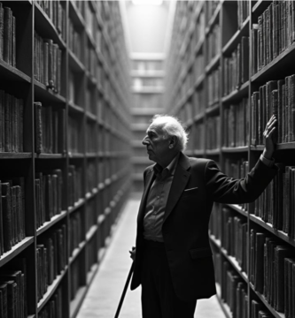 Retrato del escritor argentino Jorge Luis Borges rodeado de libros.