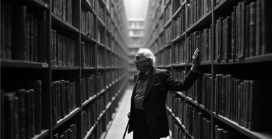 Retrato del escritor argentino Jorge Luis Borges rodeado de libros.