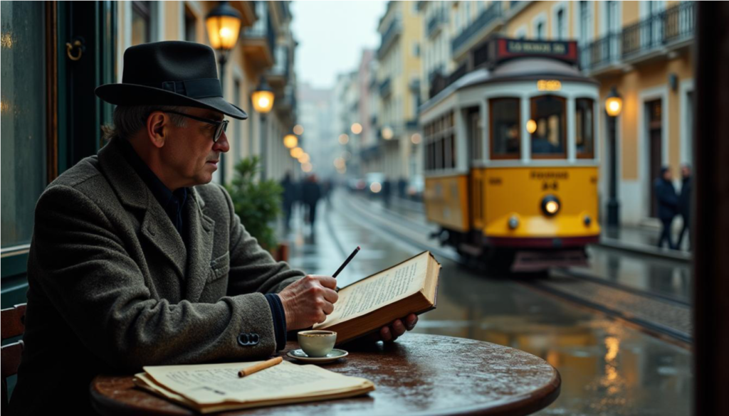 Libro abierto junto a una taza de café en un balcón con vistas a Lisboa.