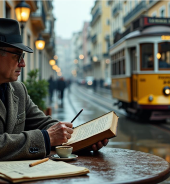 Libro abierto junto a una taza de café en un balcón con vistas a Lisboa.