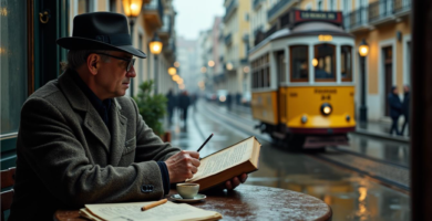 Libro abierto junto a una taza de café en un balcón con vistas a Lisboa.
