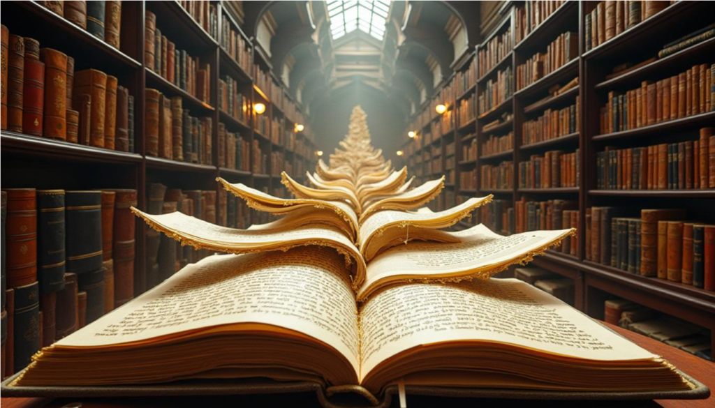 Pila de libros clásicos de diferentes idiomas y culturas entrelazados sobre un escritorio.