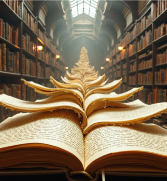 Pila de libros clásicos de diferentes idiomas y culturas entrelazados sobre un escritorio.