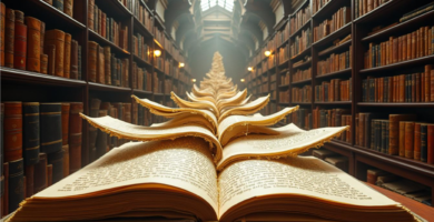 Pila de libros clásicos de diferentes idiomas y culturas entrelazados sobre un escritorio.