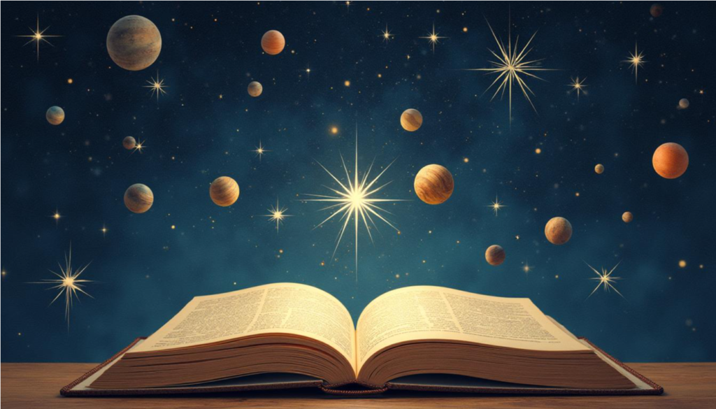 Antiguo pergamino literario sobre el cual descansan un tintero y un mapa astronómico del sistema solar.