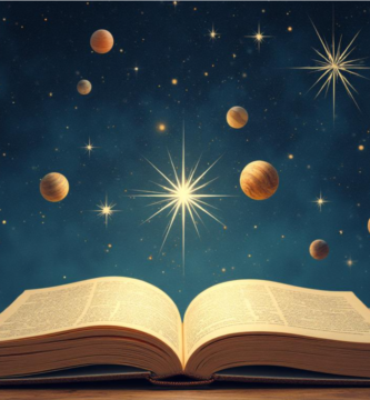 Antiguo pergamino literario sobre el cual descansan un tintero y un mapa astronómico del sistema solar.