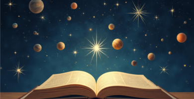Antiguo pergamino literario sobre el cual descansan un tintero y un mapa astronómico del sistema solar.