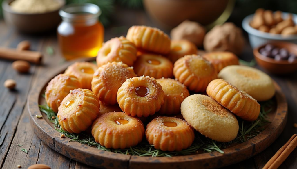 Surtido de dulces tradicionales sefardíes para Pesaj, incluyendo bimuelos bañados en miel, galletas ma'amoul y mazapán de almendra sobre una mesa rústica.