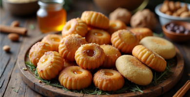 Surtido de dulces tradicionales sefardíes para Pesaj, incluyendo bimuelos bañados en miel, galletas ma'amoul y mazapán de almendra sobre una mesa rústica.