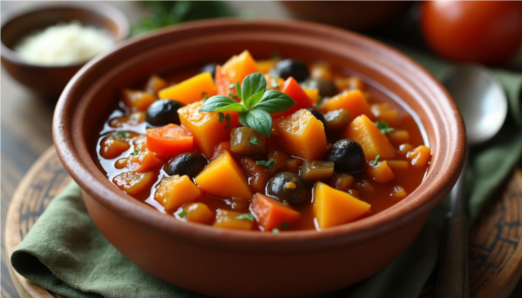 Cazuela rústica con alboronía andaluza, un guiso tradicional a base de calabaza, berenjena, pimientos y tomate.