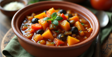 Cazuela rústica con alboronía andaluza, un guiso tradicional a base de calabaza, berenjena, pimientos y tomate.