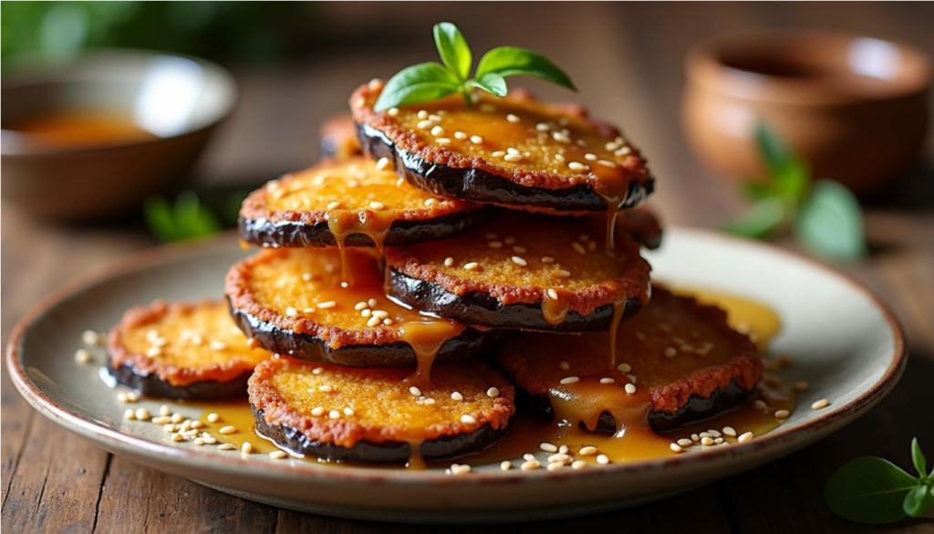 Plato de berenjenas fritas crujientes bañadas en almíbar de miel y espolvoreadas con semillas de sésamo, plato tradicional de la cocina judeoespañola.