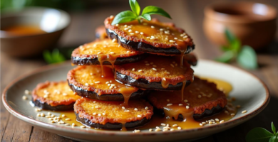 Plato de berenjenas fritas crujientes bañadas en almíbar de miel y espolvoreadas con semillas de sésamo, plato tradicional de la cocina judeoespañola.