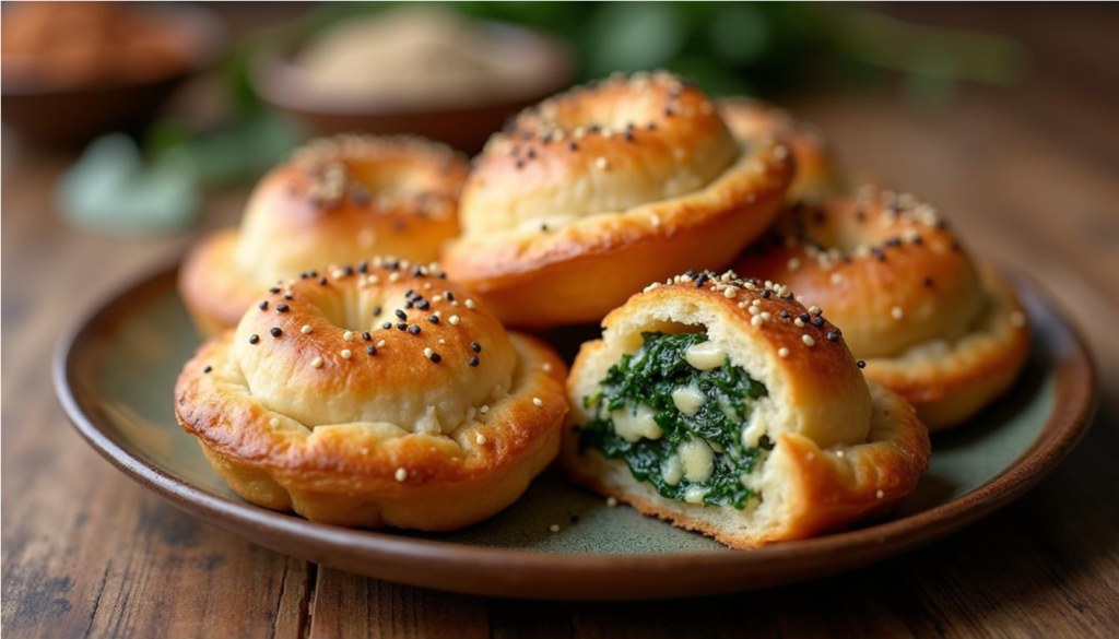 Boyos sefardíes recién horneados, empanadillas doradas de masa fina rellenas de espinaca y queso, espolvoreadas con semillas de sésamo, servidas en un plato rústico.
