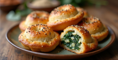 Boyos sefardíes recién horneados, empanadillas doradas de masa fina rellenas de espinaca y queso, espolvoreadas con semillas de sésamo, servidas en un plato rústico.