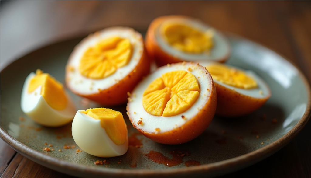 Plato de haminados pelados y cortados por la mitad, mostrando su característico color marrón y yema cremosa, receta tradicional de la cocina sefardí.