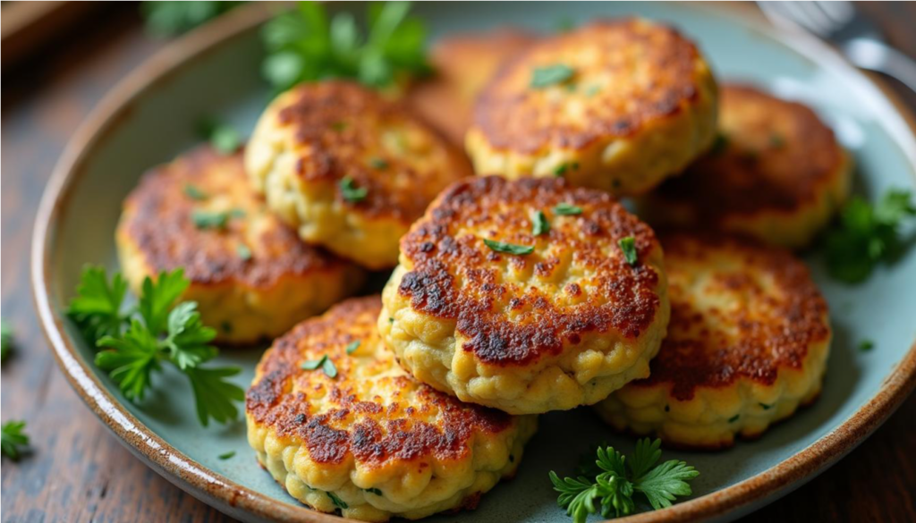Keftes de puerro al horno dorados y crujientes en un plato rústico, receta tradicional sefardí.