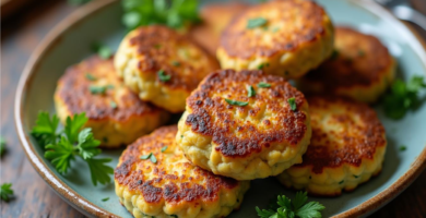 Keftes de puerro al horno dorados y crujientes en un plato rústico, receta tradicional sefardí.