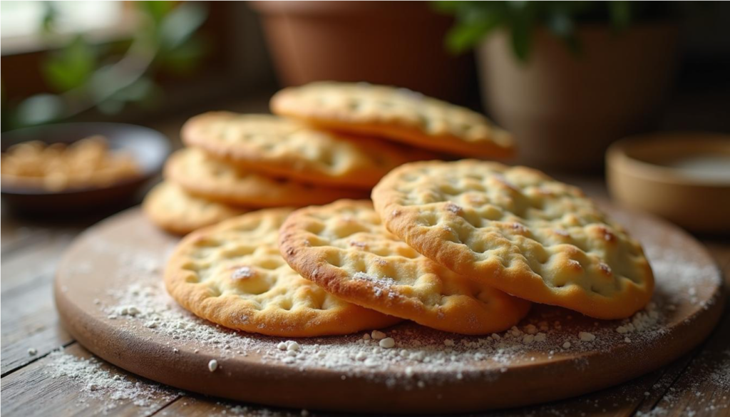Trozos de matzá o pan ácimo tradicional crujiente apilados sobre una tabla de madera rústica.