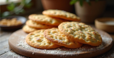 Trozos de matzá o pan ácimo tradicional crujiente apilados sobre una tabla de madera rústica.