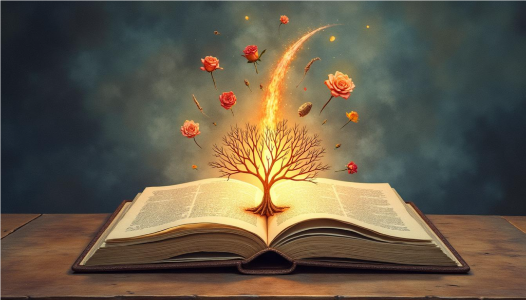 Un libro abierto del que emergen elementos como un árbol, fuego y un laberinto, representando el simbolismo literario.