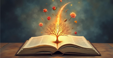 Un libro abierto del que emergen elementos como un árbol, fuego y un laberinto, representando el simbolismo literario.