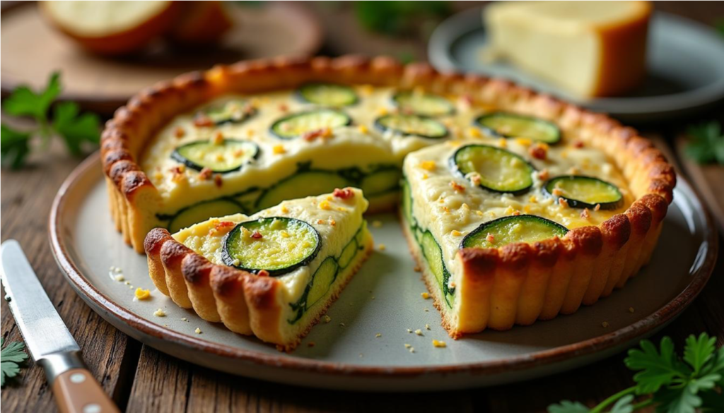 Porción de cuajado de calabacín y queso tradicional sefardí, con textura cremosa y dorada, servido en un plato rústico