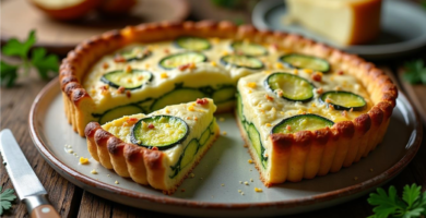 Porción de cuajado de calabacín y queso tradicional sefardí, con textura cremosa y dorada, servido en un plato rústico