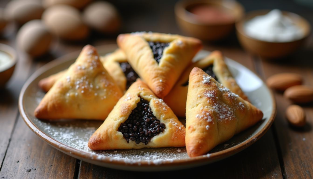 Plato con tradicionales galletas triangulares Orejas de Amán rellenas de amapola y almendra para la festividad de Purim.