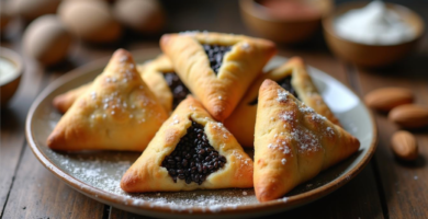 Plato con tradicionales galletas triangulares Orejas de Amán rellenas de amapola y almendra para la festividad de Purim.