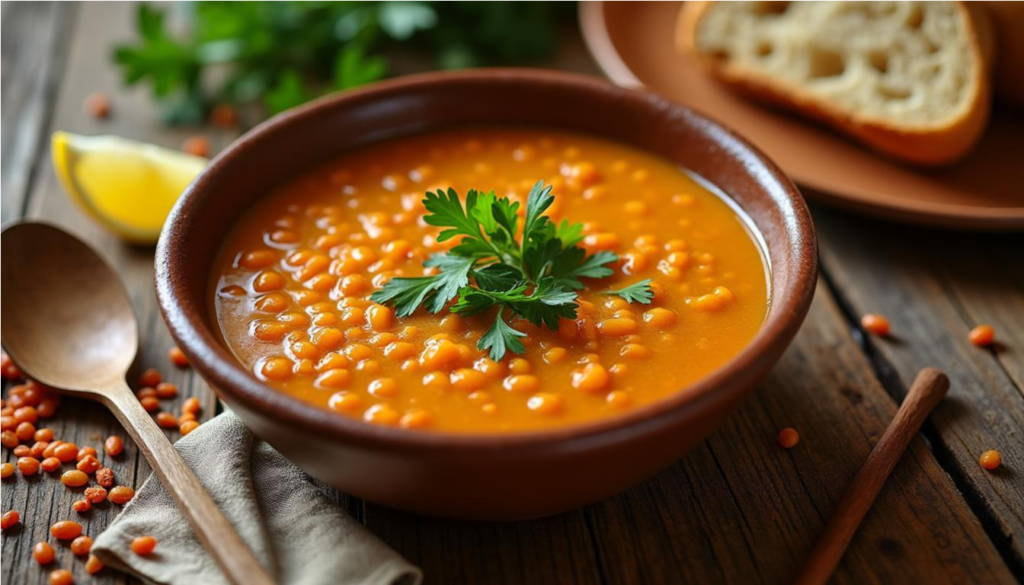 Cuenco rústico con sopa tradicional sefardí de lentejas rojas, decorada con perejil fresco y acompañada de limón sobre una mesa de madera.