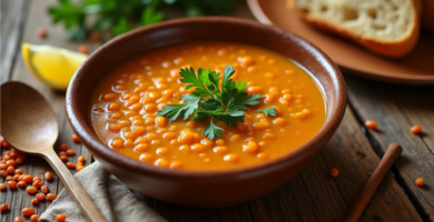 Cuenco rústico con sopa tradicional sefardí de lentejas rojas, decorada con perejil fresco y acompañada de limón sobre una mesa de madera.